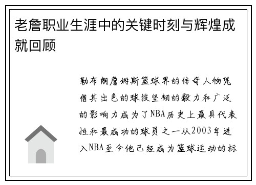 老詹职业生涯中的关键时刻与辉煌成就回顾